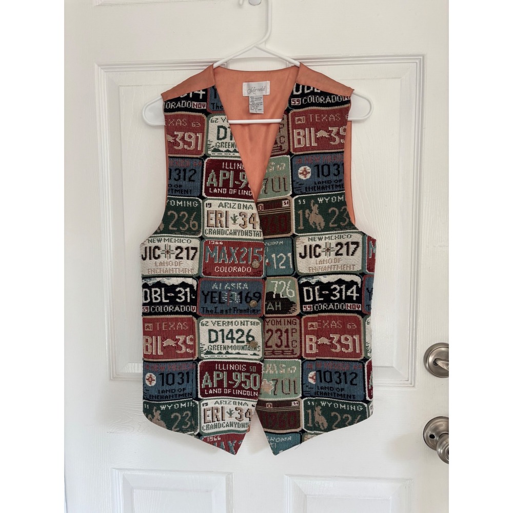 Karnold Vintage License Plate Tapestry Vest Women Large Multi Color Retro Boho